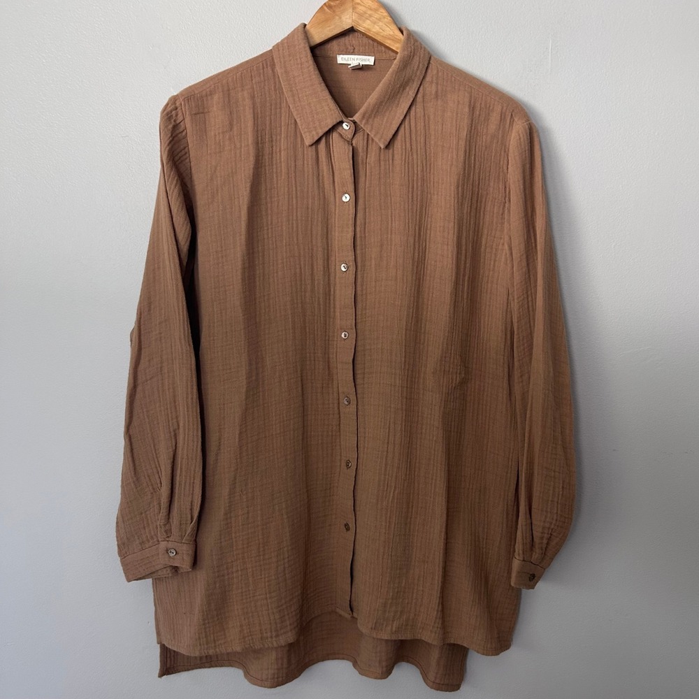 Eileen Fisher Shirt Womens Medium Brown Organic Cotton Double Gauze Button Down